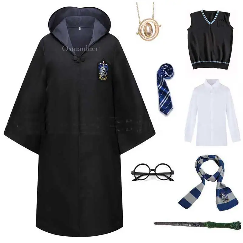thumbnail image 1 of Uniforme escolar mágico para niños y adultos, disfraz de Slytherin, Ravenclaw, túnica, capa, suéter, bufanda, corbata, varita, disfraz de Halloween, 1 of 4