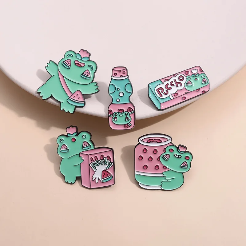 Cute Pink Strawberry Frog Brooch Enamel Soda Can Badge Metal Children's Milk Box Backpack Lapel Pins Gift Souvenir Wholesale