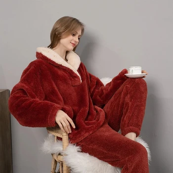 Pajama Sets Women Winter Fluffy Pijama Suit with Thick Warm Fleece