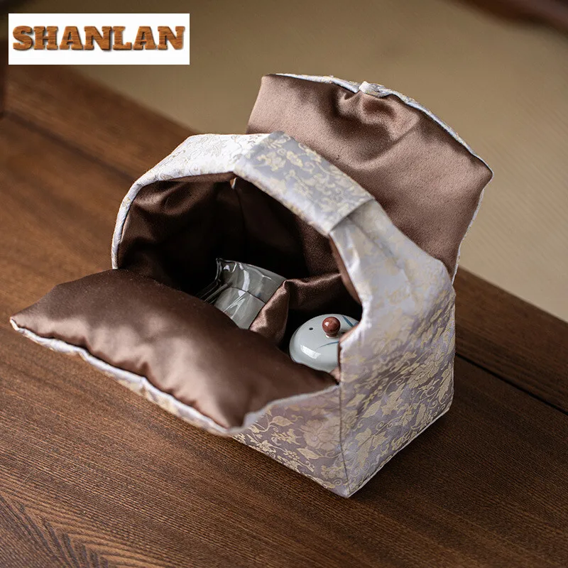 Entangled Lotus Brocade Tea Handbag Travel Portable Storage Bag Thickened Divider Teacup Teapot Cloth Hoppocket Camping Tea Bag