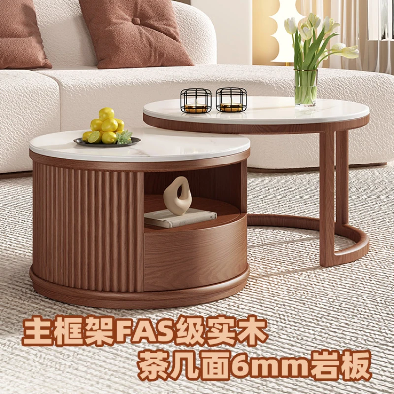 

Japanese-Style Foldable Retractable Solid Wood Size round Coffee Table Household Small Apartment Stone Plate Side Table