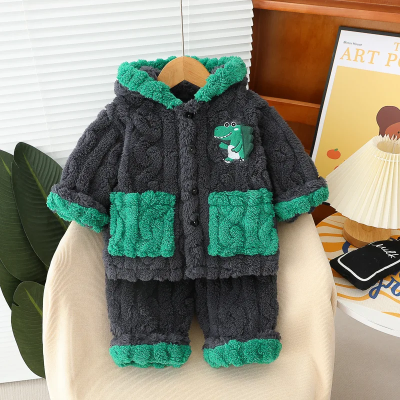 

Осень-зима 2023, комплект детской одежды из 2 предметов для мальчиков, пальто с капюшоном и динозавром, пижама, флисовые брюки, домашняя одежда для маленьких мальчиков, наряд
