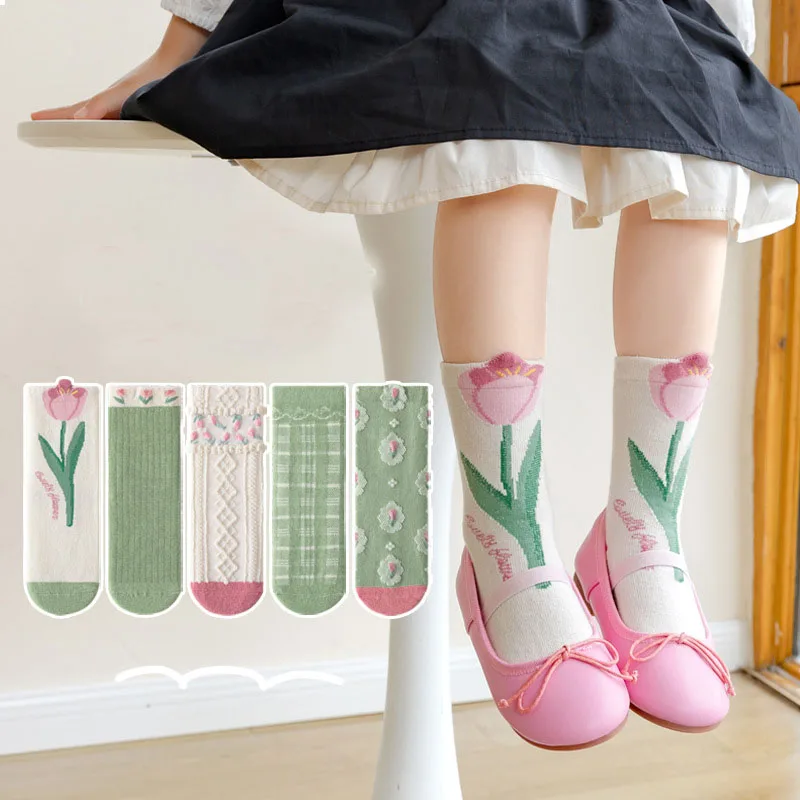 

5 Pairs/Lot Cute Girls Cotton Socks Spring Autumn Cartoon Flower Student Middle Tube Kids Sock 1-12T