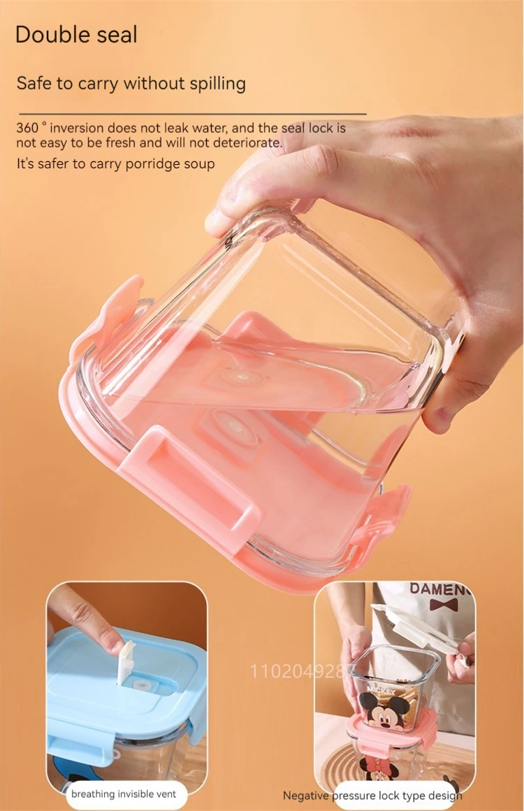 Disney Mickey Minnie Daisy Glass Crisper With Lid Lunch Box Microwave Heating Sealed Box Food-Grade Cute Fruit Lunch Box 900Ml