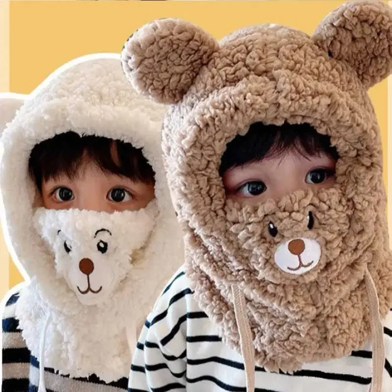 

Autumn Winter Plush Hat Cute Children Cartoon Scarf Masked Hood Cap Double Fleece Warmth Boy Girl Adult Parent-child Baby Hat