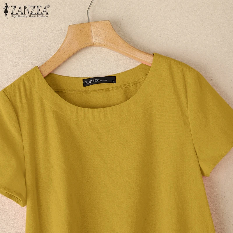 ZANZEA Sommerliche, lässige Baumwollblusen für Damen, O-Ausschnitt, kurze Ärmel, seitlicher Schlitz, dünne Oberteile, Tageskleidung, einfarbig, Blusas de Mujer – Detail 12