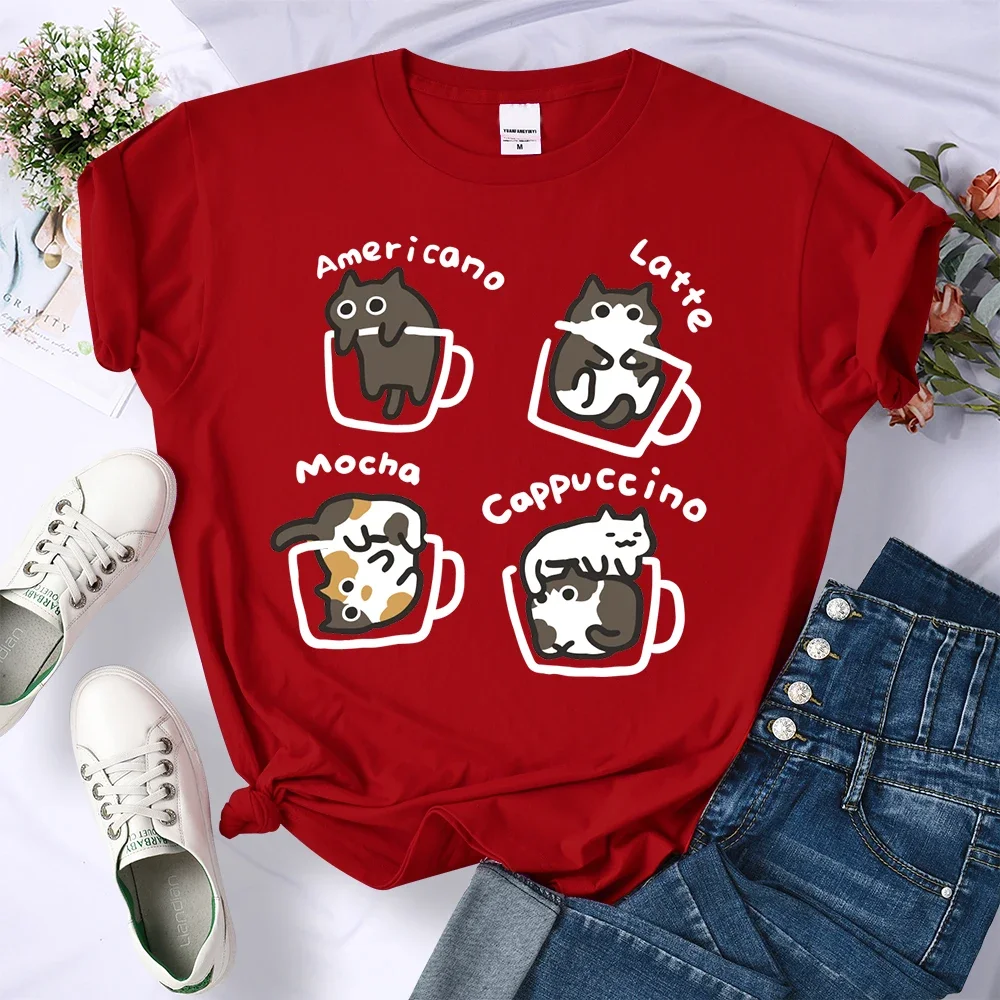 Cat Coffee Art Letter Printed T-shirt Women Breathable O-Neck Short Sleeve T Shirt Female Loose Streetwear Casual Clothes Tops 3