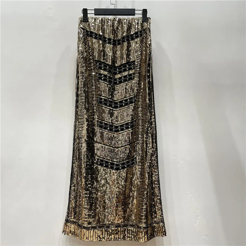 Sidaimi Retro Sequined X Long Skirt Vintage Beading Empire Gold Silm Bodycon Runway Bohemian Back Slit Pencil Jupe Sequin for oppo a38 4g retro camouflage leather back phone case green