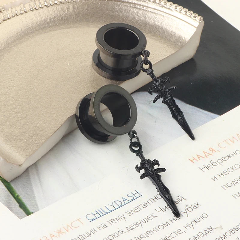 wholesales 6-20mm dangle ear tunnels for women men crosss spike chain piercing plugs and tunnels cheap factory price gauges for