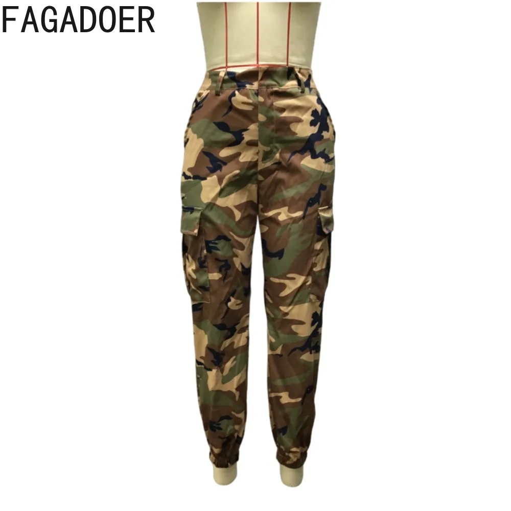 FAGADOER Fashion Streetwear Women Camouflage Print High Waisted Button Pocket Jogger Pants Casual Female Sporty Skinny Bottoms