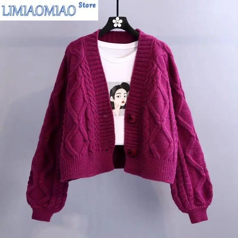 

New Twist Short V-Neck Single-breasted Knitted Women's Cardigan Solid Casual Korean Fashion Long Sleeve Female Cardigan Winter