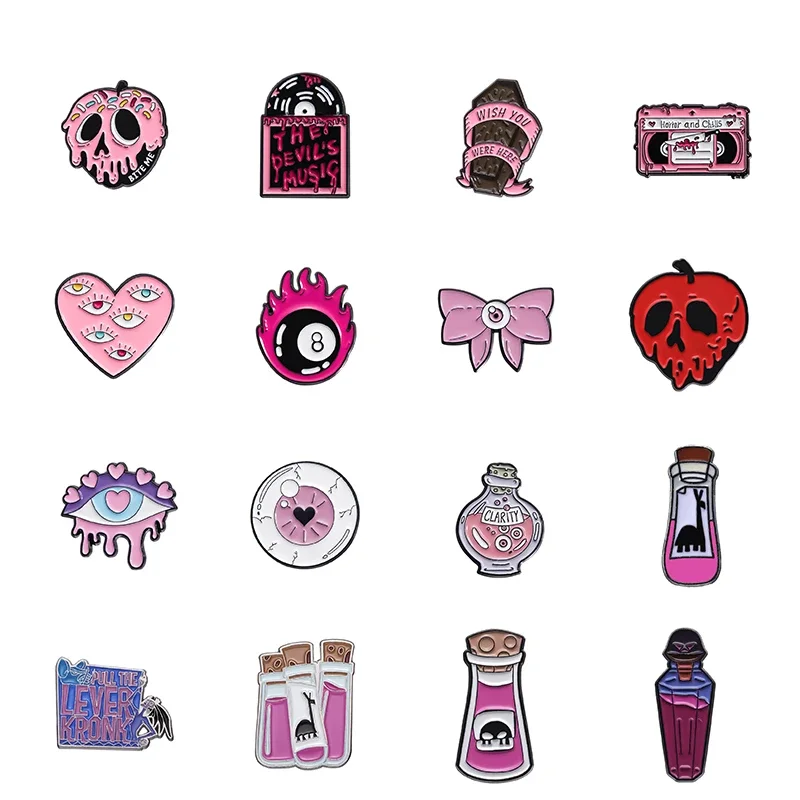 Rosa Terror Augapfel Punk Metall Emaille Pin Cartoon Lama Magie Zauberer Trank Brosche Musik Band Abzeichen Pin Süße Seltsame Schmuck