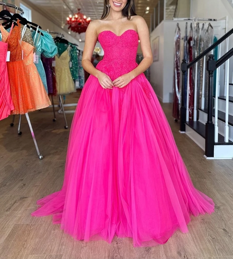 

Элегантное бальное платье из тюля А-силуэта, ярко-розовое кружевное официальное вечернее платье без бретелек, платья, бальное платье для выпускного вечера