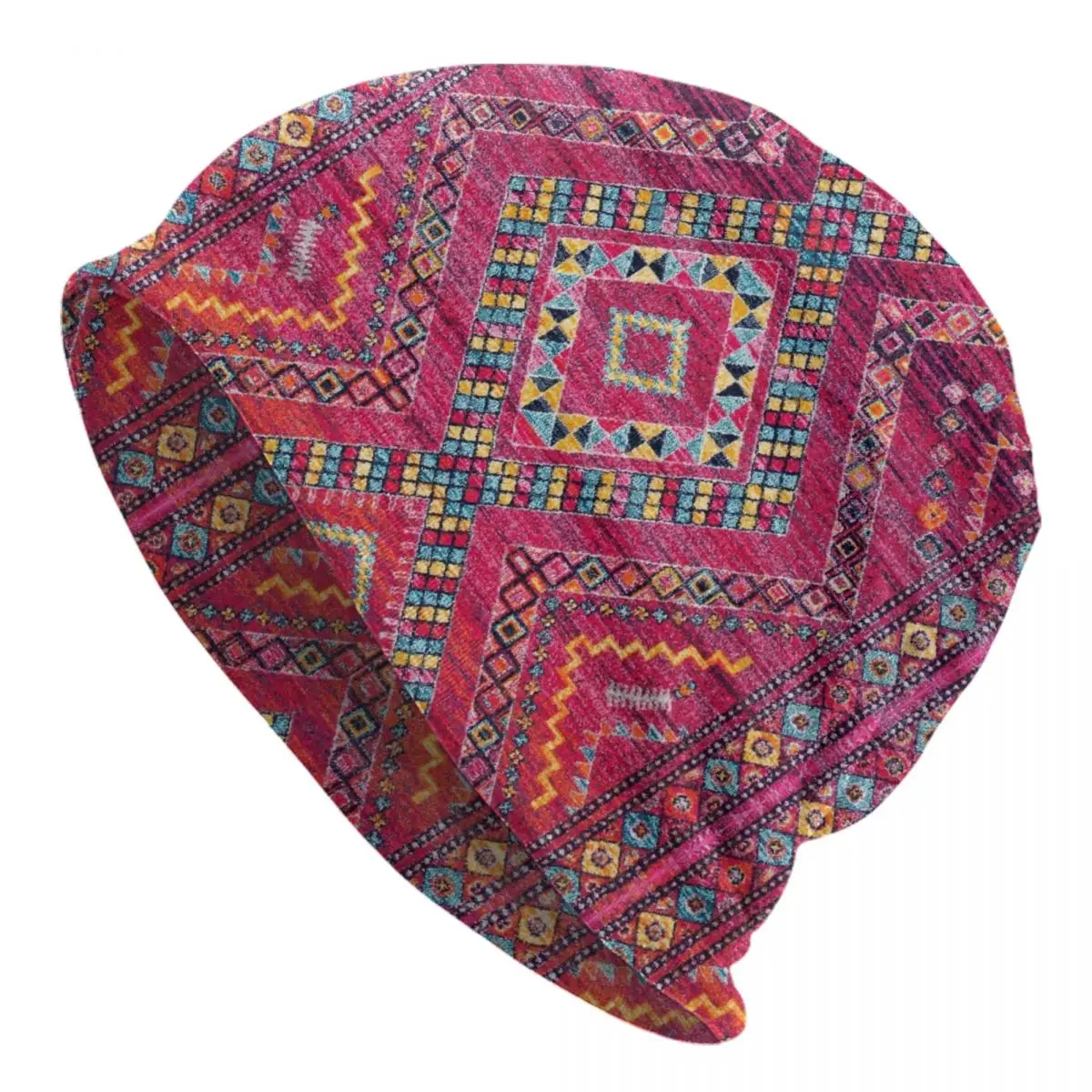 

Vintage Pink Oriental Bohemian Moroccan Artwork Skullies Beanies Caps Street Winter Warm Knit Hat Geometric Diamond Bonnet Hats