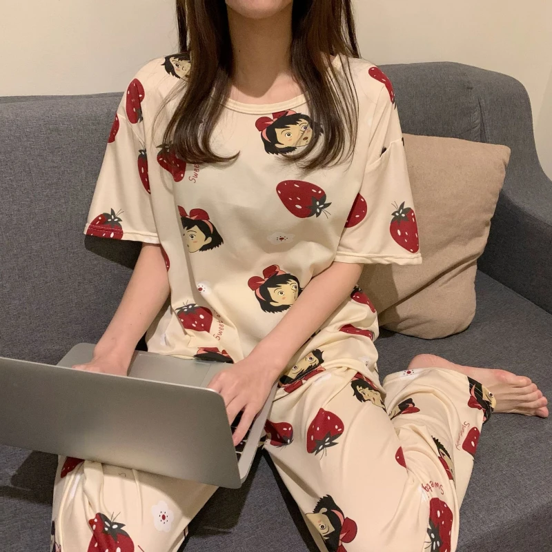 

Women Pajamas Sets Summer Autumn Sleepwear Cartoon Pyjama Loungewear Ladies Pijama Mujer Short Sleeve Pants 2 Piece Pjs Homewear