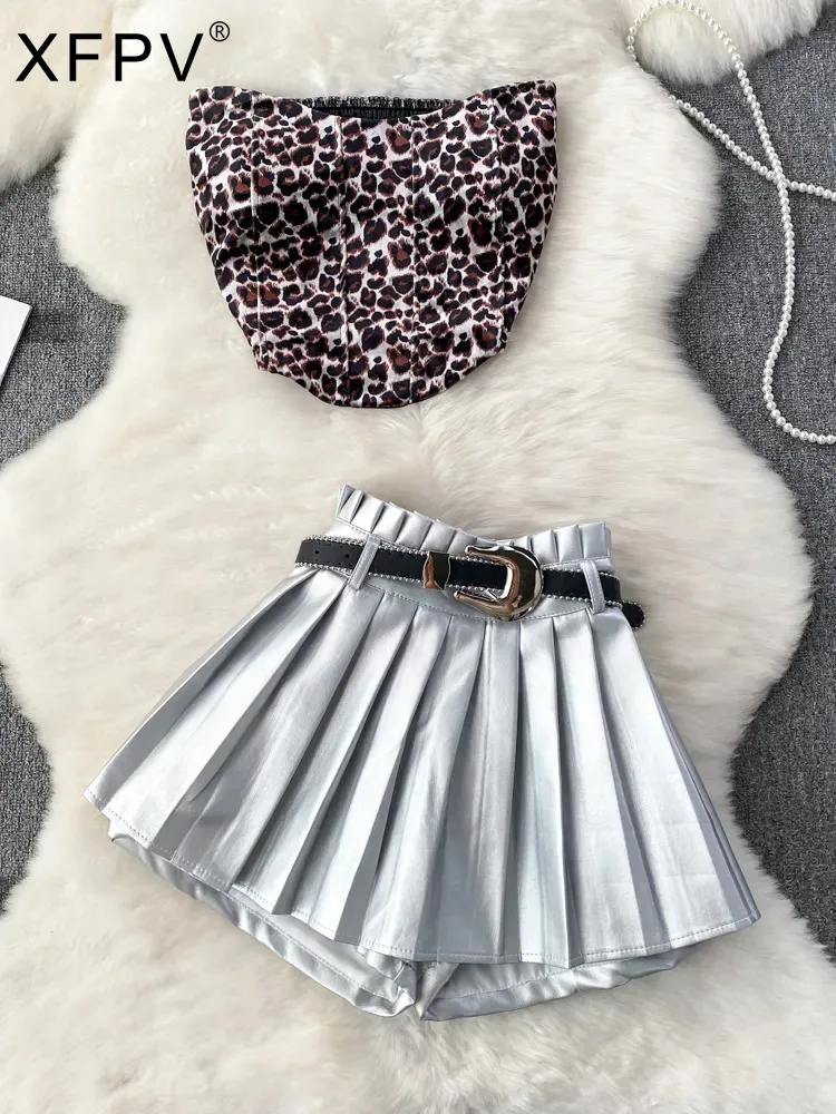 

Женский комплект из двух предметов BabYoung, нестандартный Леопардовый жилет, плиссированная юбка из искусственной кожи с высокой талией на осень и зиму, 2023