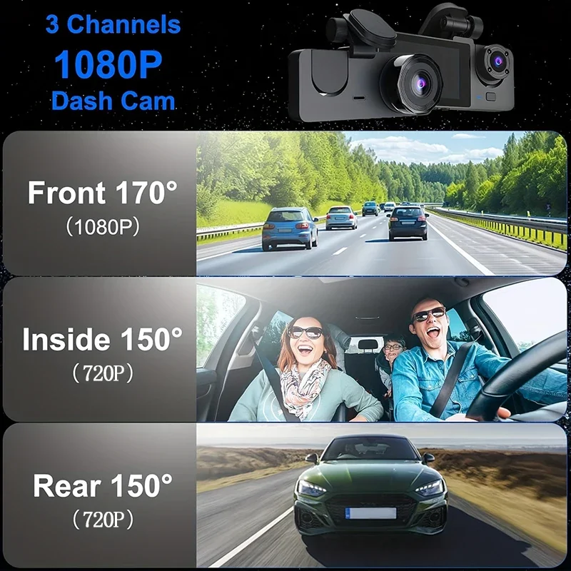 1080P HD Video Recorder WIFI Dashcam with 2/3 Cameras, Triple Channel Car Camera, Night Vision, Car DVR with Wide Angle Lens