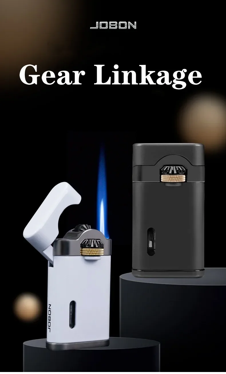 Description Picture 2 of item2025 JOBON Mechanical Metal Butane Gas Lighter Outdoor Windproof Gear Linkage Ignition Blue Flame Torch Portable Cigar Lighter