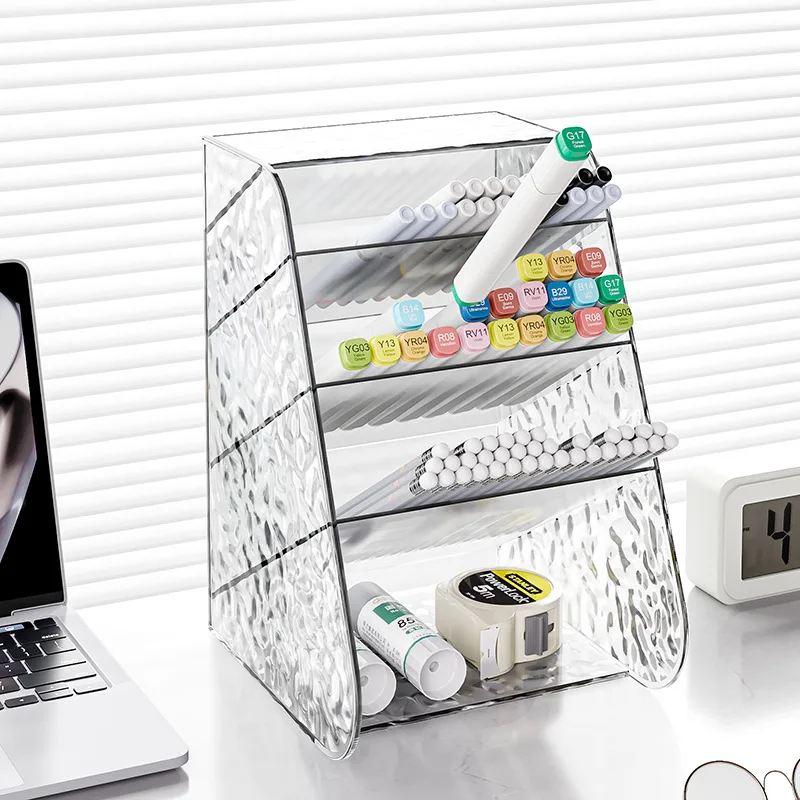 Large Capacity Slanted Pen Holder Transparent Desktop Organizer Students Desk Storage Stationery Organizer Compartments