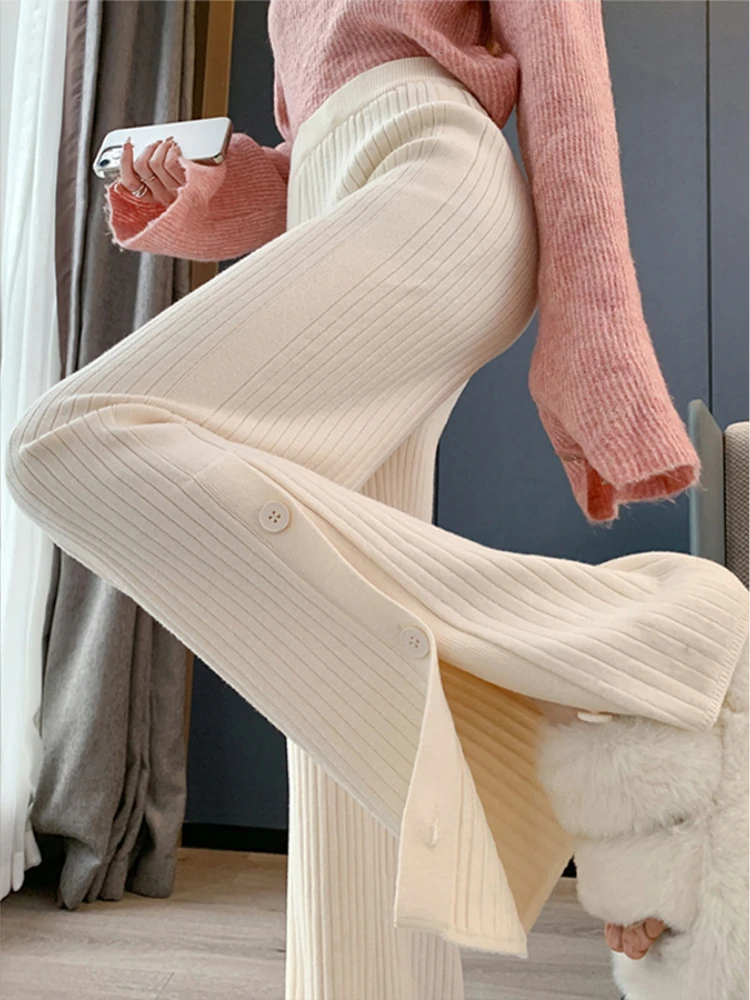 Knit Wide Leg Pants Women Soft Glutinous Straight High Waist Black Pants  Vertical Stripe Split Casual Solid Thick Woman Trousers
