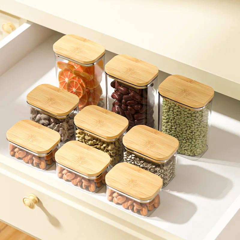 1100ML Square Sealed Plastic Food Jar Bamboo Cover Kitchen Cereal Jar Storage Box Transparent Tea Storage Jar Kitchen Supplies 4