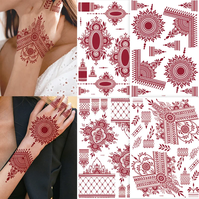 레드 레이스 헤나 문신 섹시한 마룬 문신 스티커, 방수 인도 멘디 디자인, 임시 문신, 여성용 손가락 손 문신