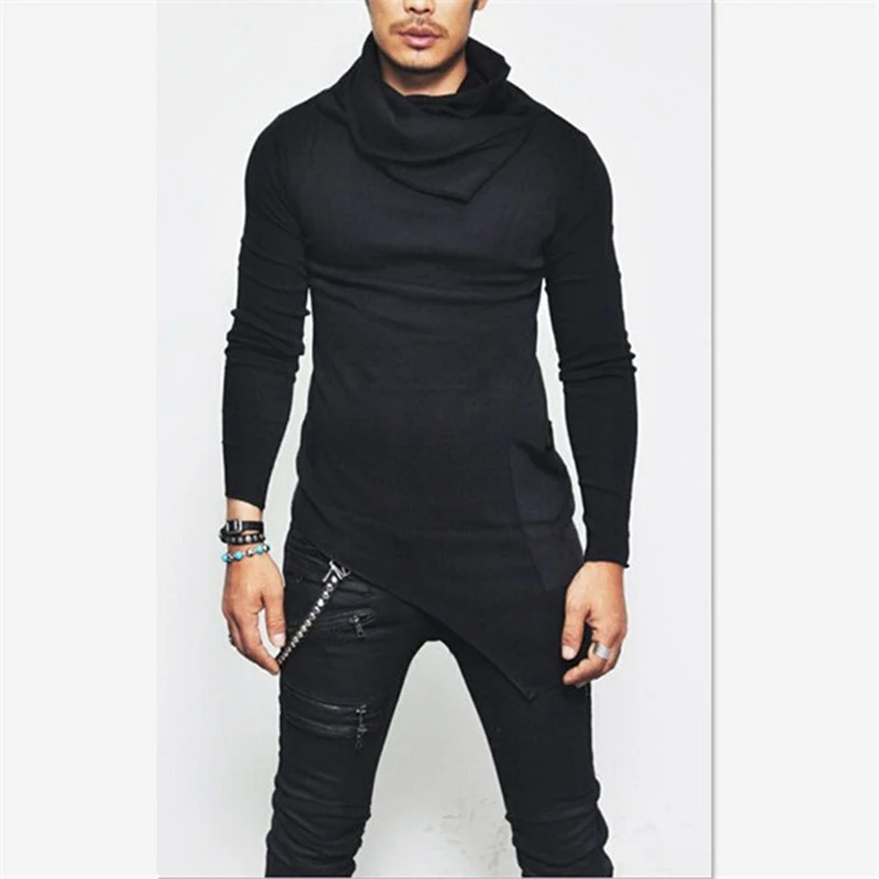 Plus Size 5XL Men's Hoodies Unbalance Hem Pocket Long Sleeve Sweatshirt For Men Clothing Autumn Turtleneck Sweatshirt Top Hoodie