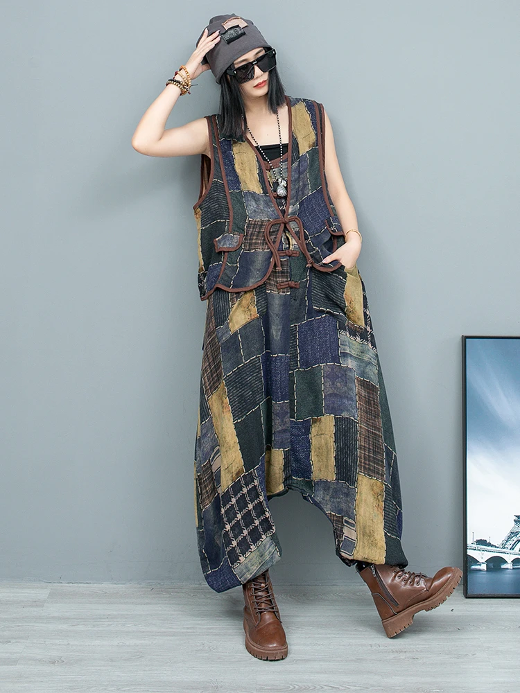 LYUZHE 2025 Spring Autumn New Vintage Printed Patchwork Women Matching Sets V-neck Vest And Overalls Casual Suit ZXY279B 5