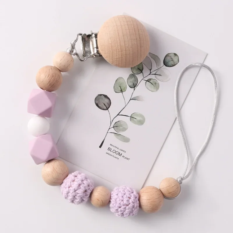 Pacifier Clip Baby Wood Silicone Crochet Beads Soothe Teethers Toy Dummy Nipple Holder Anti-drop Chain
