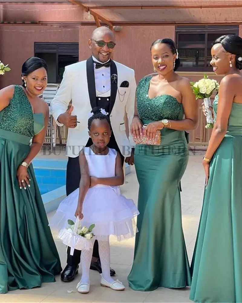 

Green Mermaid/ A-Line Bridesmaid Dresses With Sash One Shoulder Sequined Women Long Wedding Party Maid Of Honor Dress