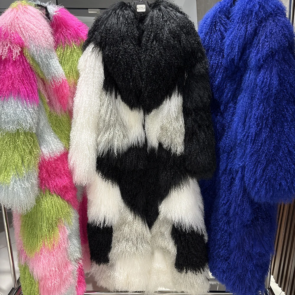 YOLOAgain 135-140cm Floor Length Mongolia Sheep Fur Coat Women Winter Warm Party Long Fur Coat Ladies Overcoat