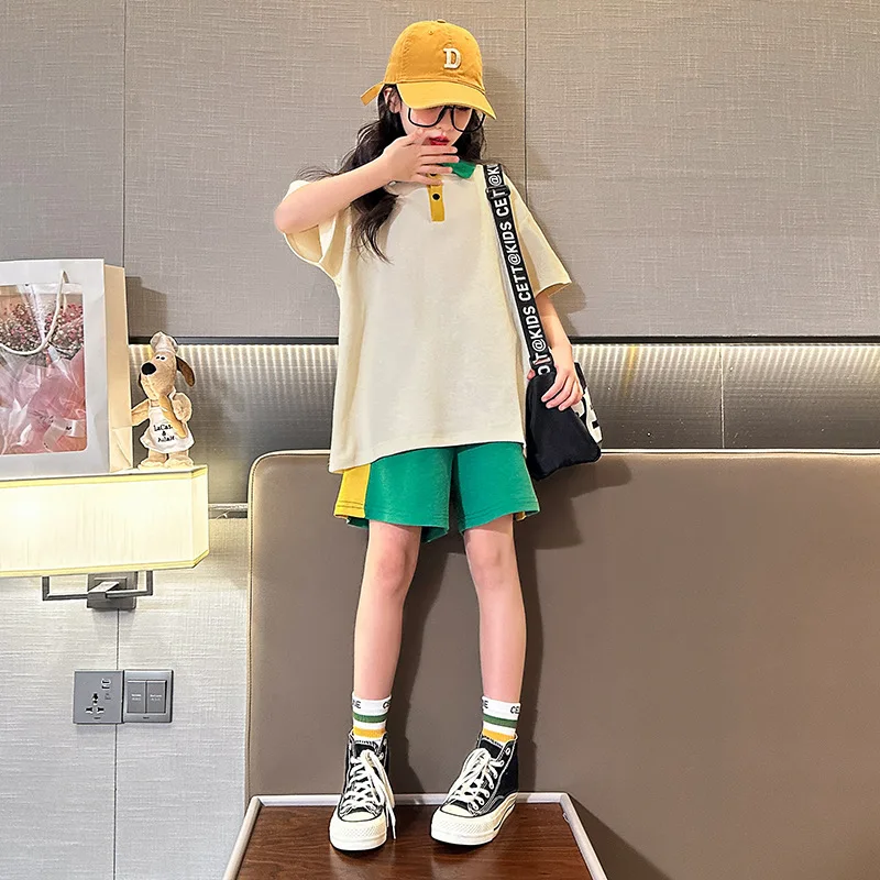 

Summer Children Girl Tracksuit Teenager Girl Polo Shirt Short Sleeve Tops+Contrast Sport Shorts Child Jogger Workout Set 5-14Yrs