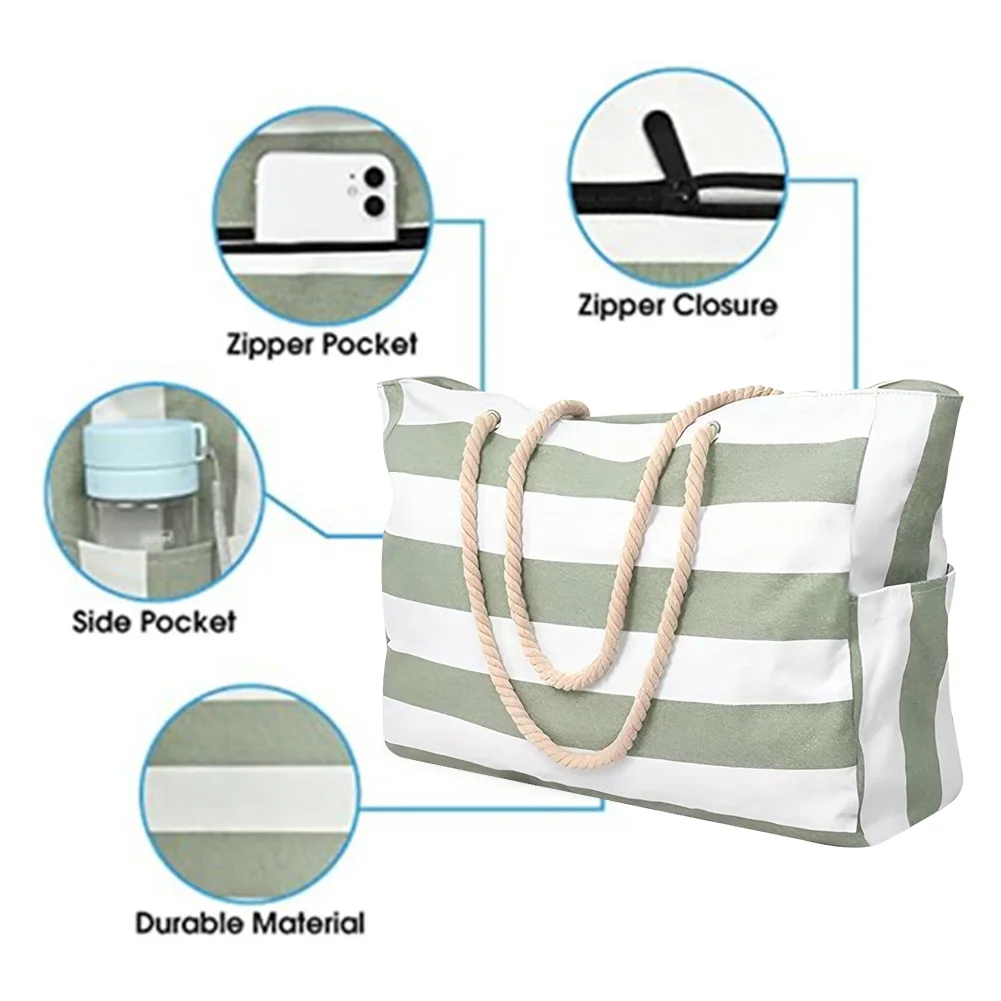 Borsa da Donna Bohemia Grande Capacità a Righe, Borsa da Spiaggia Impermeabile, Borsa a Tracolla in Tela per Vacanze Estive, Borsa da Viaggio e Piscina - immagine 5