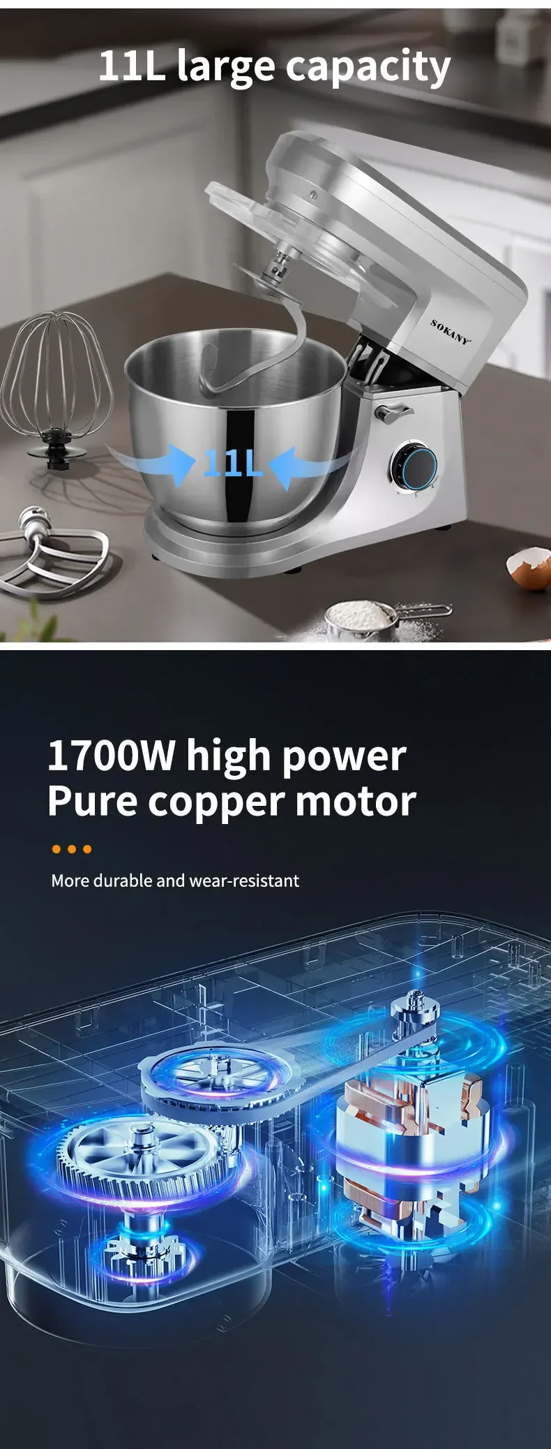 Description Picture 6 of itemHouselin Electric Stand Mixer 11-Litre, Dough Hook, Flat Beater Attachments, Splash Guard 6 Speeds with Whisk