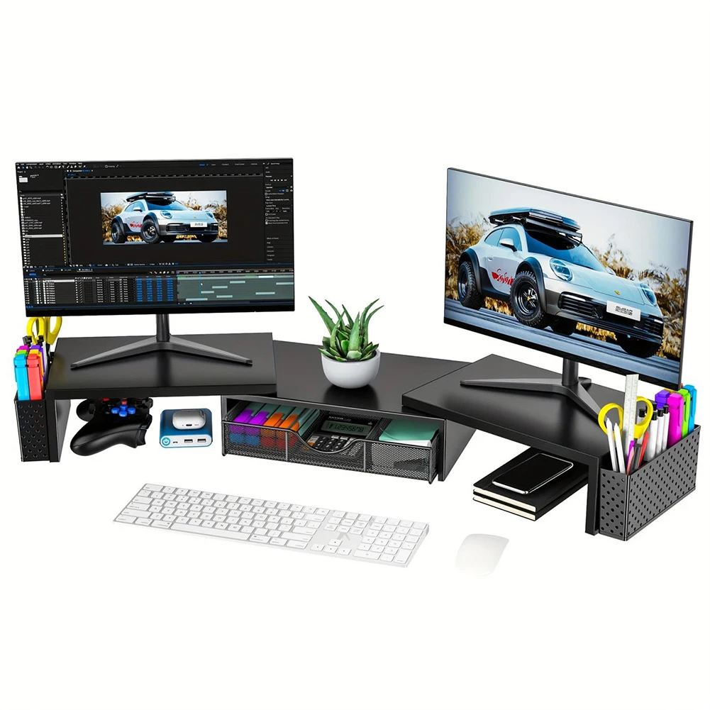 Dual Monitor Stand Riser with Drawer and Pen Holders Metal Computer Stand for Computer Laptop Printer Home and Office Use