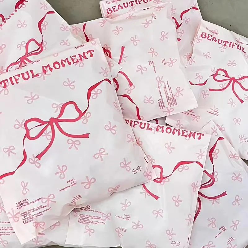 50Pcs Plastic Pink Courier Postal Bag Cute Bow Prinitng Clothes Mailer Storage Packaging Bag Gifts Shoes Express Transport Pouch,courier bag,mailing bags,packing pouches,express bag