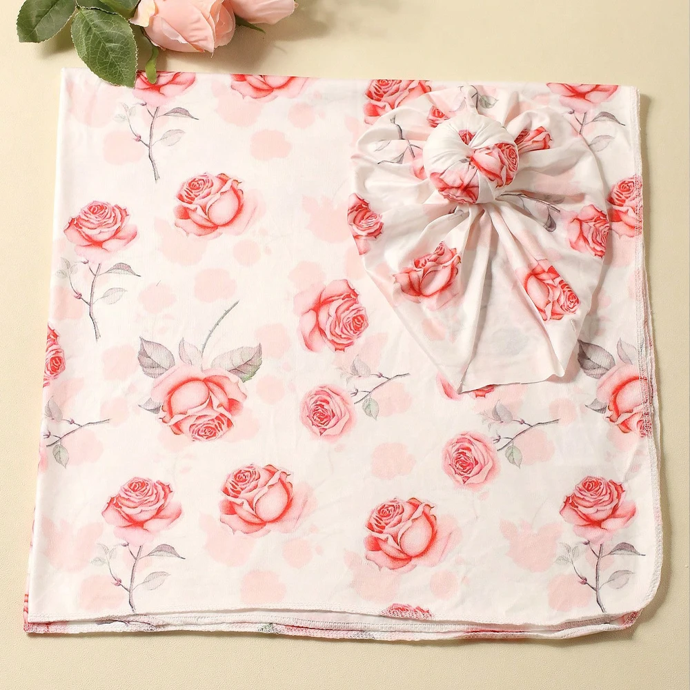 Ylsteed Rose Flower Print Newborn Photography Wrap with Turban Hat Infant Photo Shooting Outfits  Baby Receiving Swaddle Blanket 3