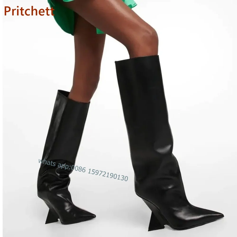 

Strange Heel Knee High Boots Pointy Toe High Heel Wedge Women's Shoes Slip On Solid Black Modern Boots Winter Fashion Large Size