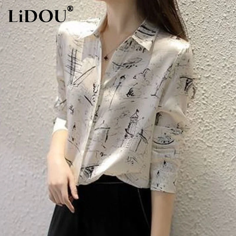 2023 Spring Autumn New POLO Collar Long Sleeve Button Blouse Women Fashion Printing Korean Style Casual All-match Y2K Cardigan