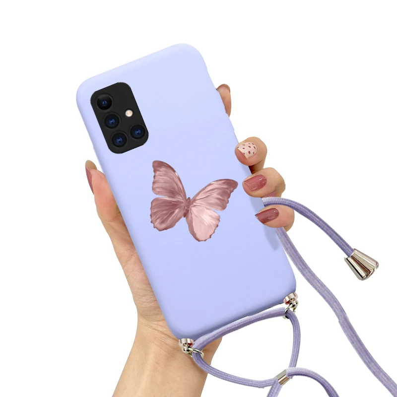 Case For Samsung galaxy A53 A52 A54 A34 A14 A33 A13 A23 A12 A52S A71 A51 A70 A50 Strap Cord Chain Necklace Butterfly Love Case 2