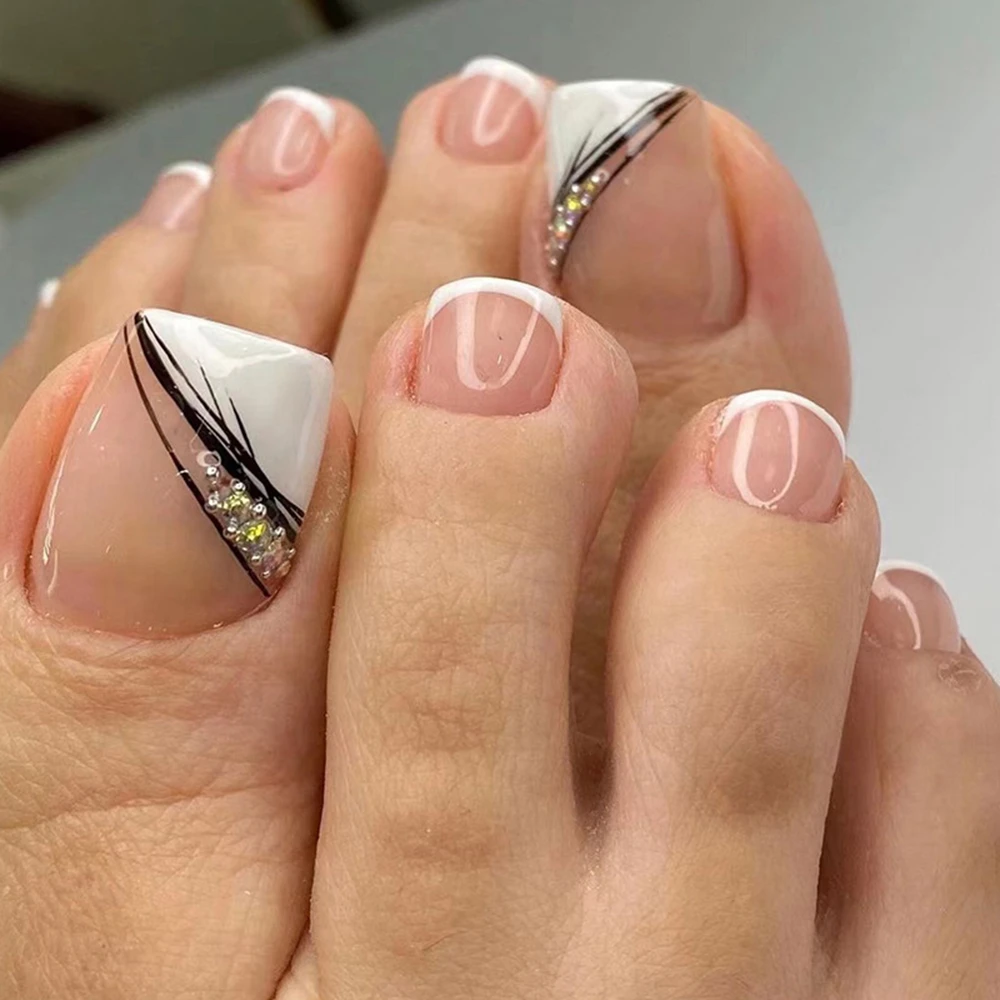 French Tip With Diamonds Toes French Tip With Diamonds Toes