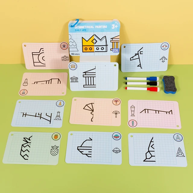 46 Pattern Dry Erase Graffiti Cards, Cartoon Grids Symmetrical Axis Painting Puzzle Educational Toys, Left and Right Brain Linkage Development, Student Teaching Auxiliary Pen Control Exercise Book, Suitable for Holiday Gifts 4