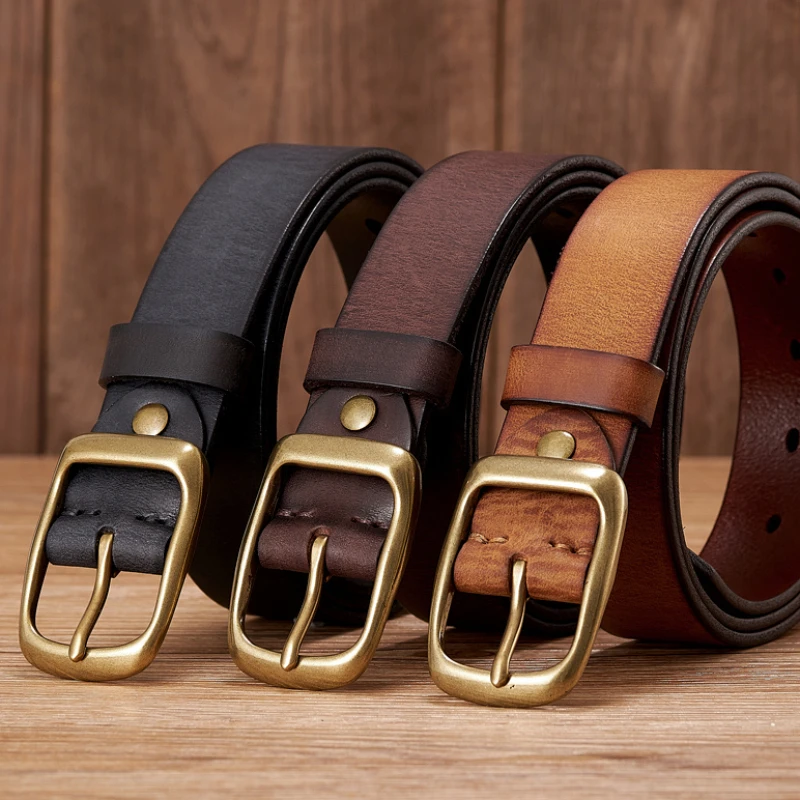 3.3CM High Quality Real Cowskin Genuine Leather Belt for Men Luxury Designer Copper Buckle Male Strap for Jeans Cowboy for Women