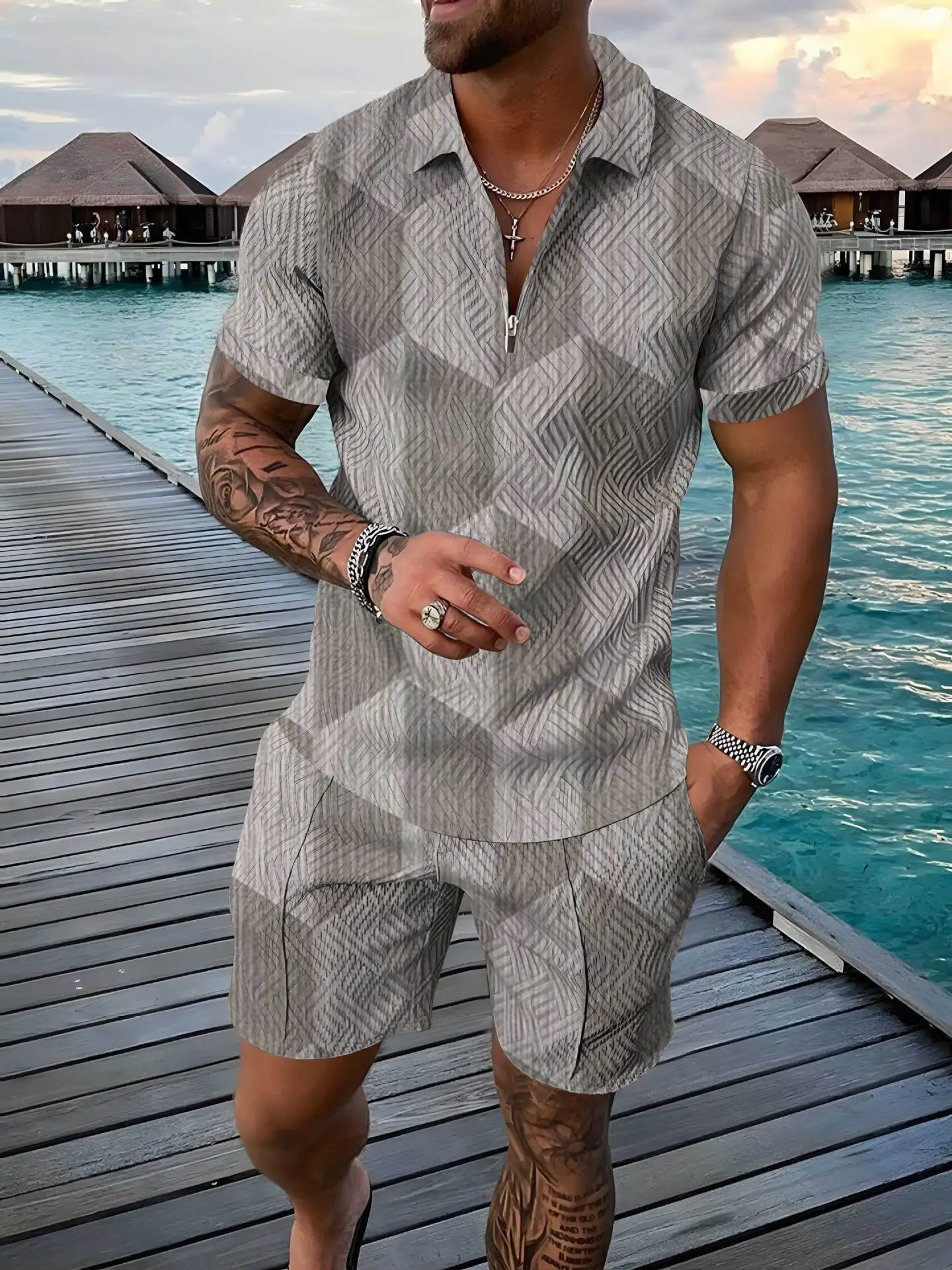 Men's Tracksuit Beach Sportswear Polo Set Men Oversized Outfit Suit Casual Summer Zipper Polo ShirtShorts Suit Golf Wear Clothes