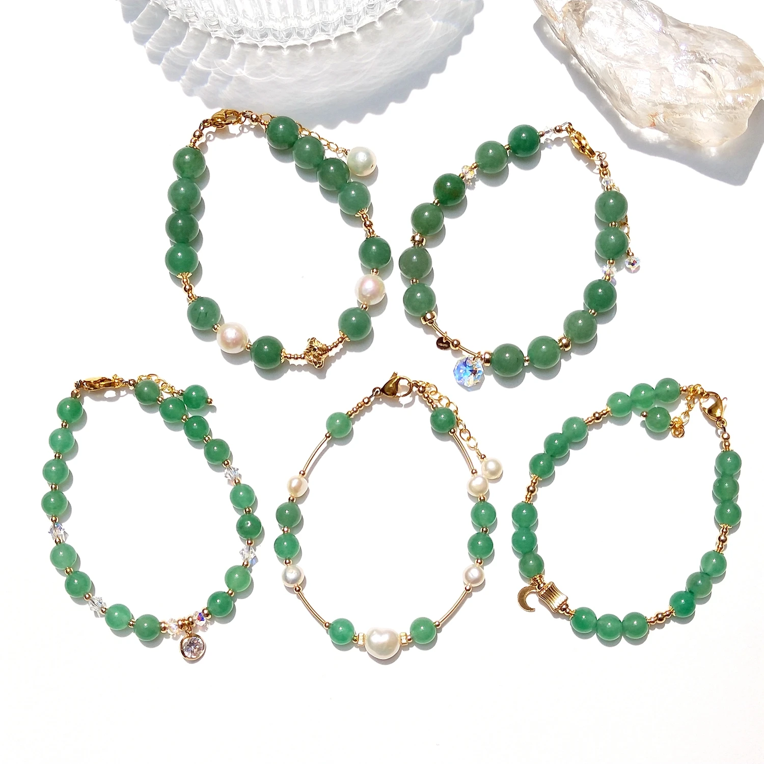 

Lii Ji Green Aventurine Natural Stone 6mm/8mm With Pearl Crystal 14K Gold Filled Charms Bracelet Handmade Bohe Fashion Jewelry
