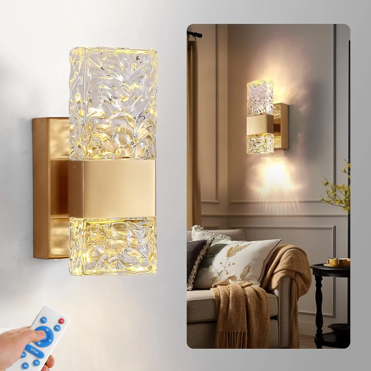 

Operated Wireless Sconce Gold Modern with Remote Control Dimmable LED Lighting, Indoor Not Hardwired Battery Powered Lamp Fix