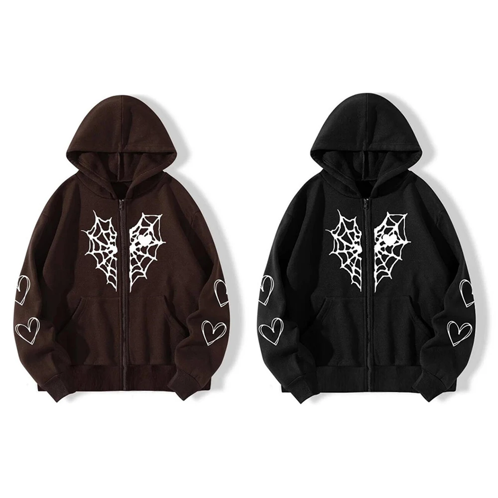 

Fashion Outerwear Black Hoodie Halloween Decoration Unisex Casual Sweatshirt Spider Web Pattern Zip Up Oversized Hoodie 2023 New