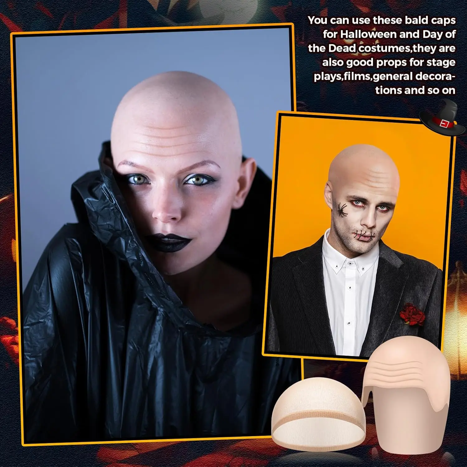2 Packs Latex Bald Caps with Nylon Wig Caps, Halloween Bald Caps Makeup Professional Bald Cap for Halloween Party Costume