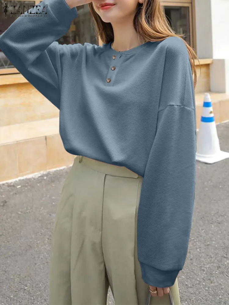 

Блузка ZANZEA женская с круглым вырезом, Простой Топ с длинным рукавом, однотонная универсальная модная туника на пуговицах, осень 2023