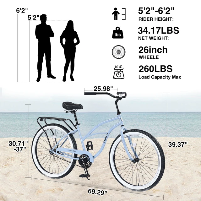 Zukka City Bike 26 Inch Cruiser Bicycle 7 Speed With Woven